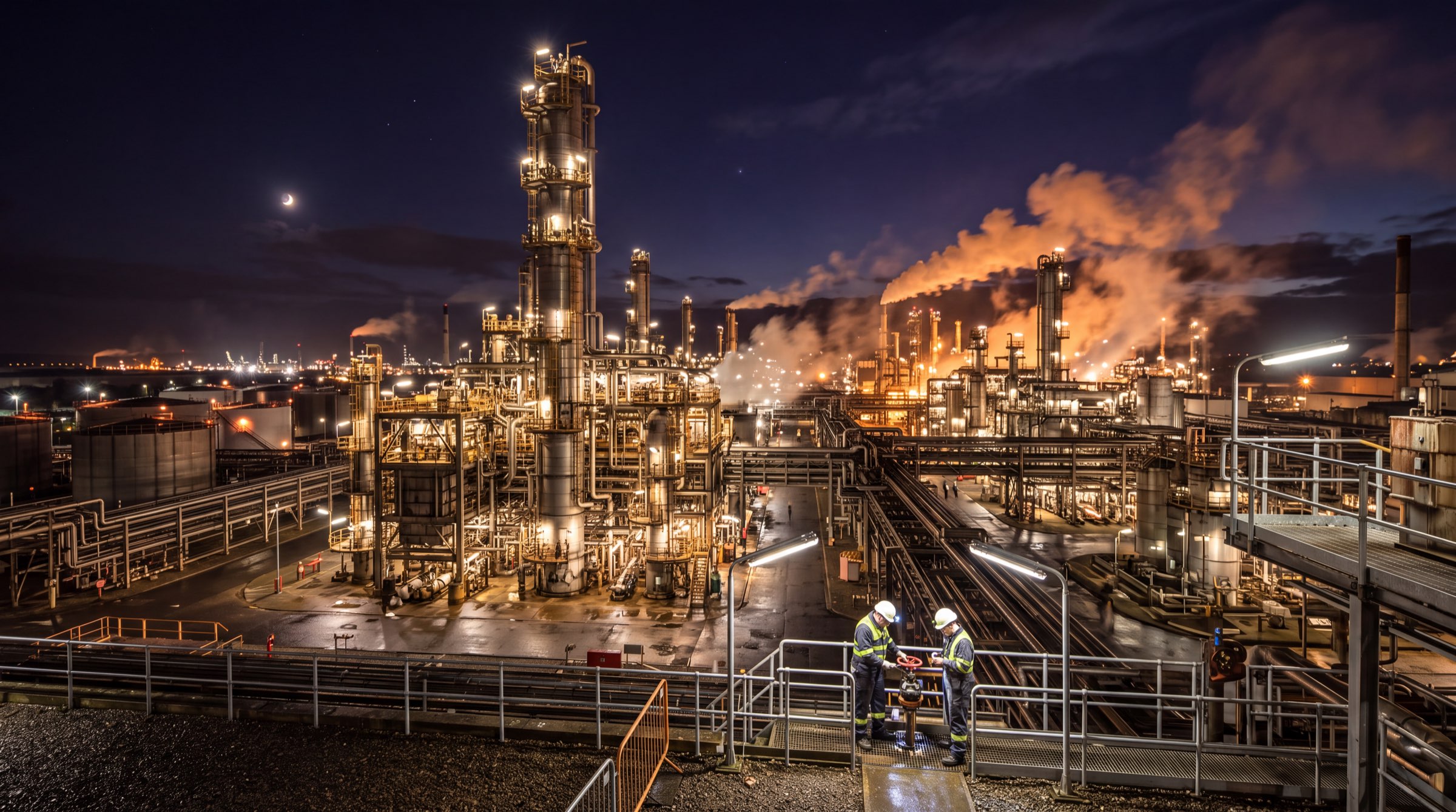 Refinery complex lit at night with engineers on the gantry